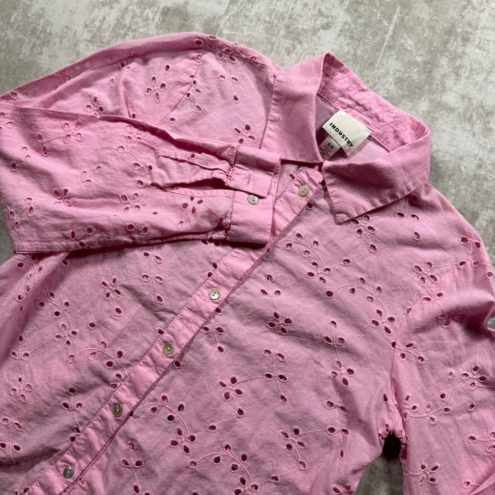 Cottagecore Button Up Shirt Womens Small Pink Scalloped Hem Peplum Back Long
